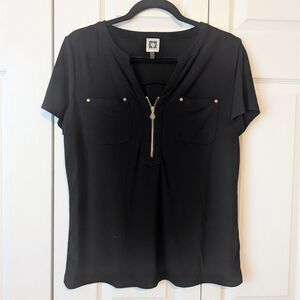 Anne Klein Black Short Sleeve Blouse | Women’s Medium | Zipper & Pocket Accents